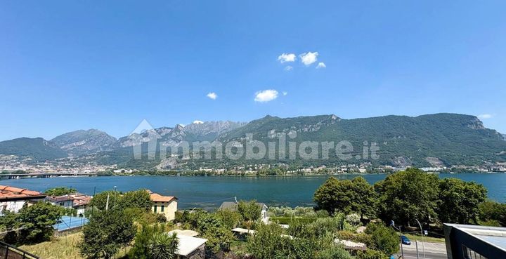 Il lago di Lecco e le montagne visti dall’alto, con le case e il verde in primo piano